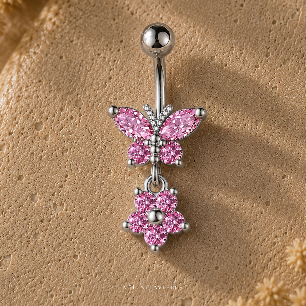 Pink Petal Butterfly Dangle Belly Ring