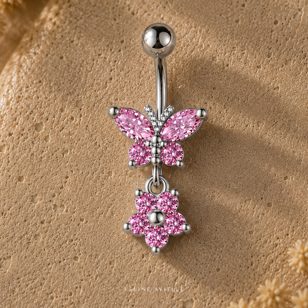 Pink Petal Butterfly Dangle Belly Ring