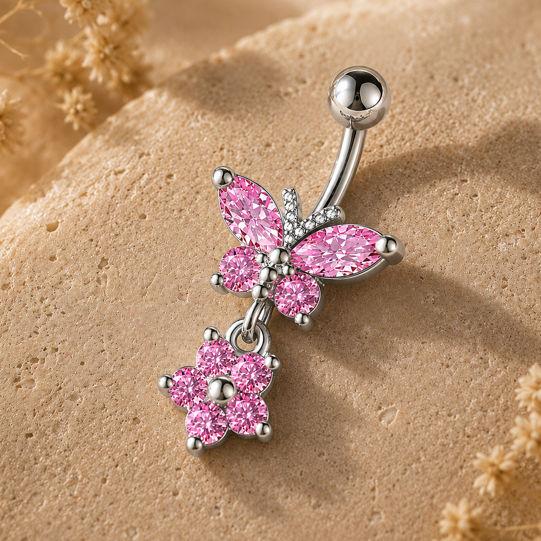 Pink Petal Butterfly Dangle Belly Ring