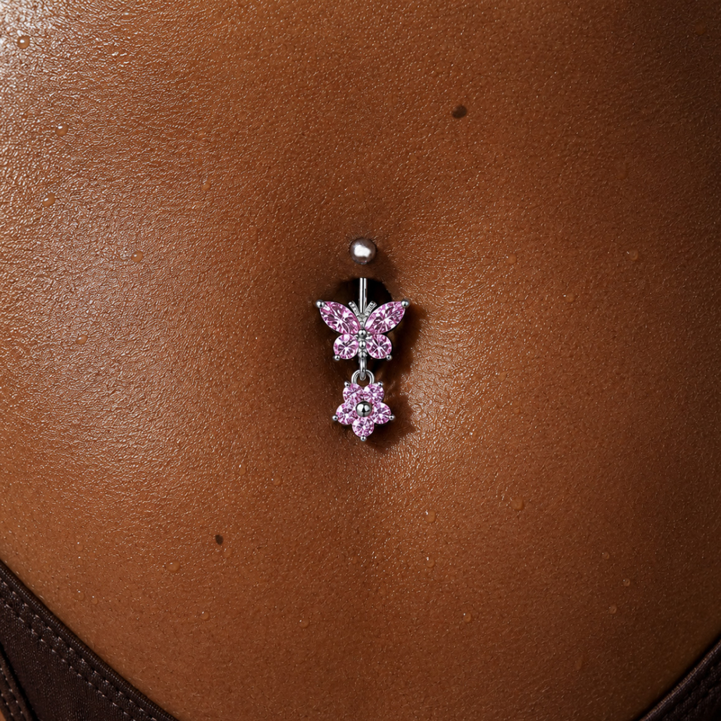 Pink Petal Butterfly Dangle Belly Ring