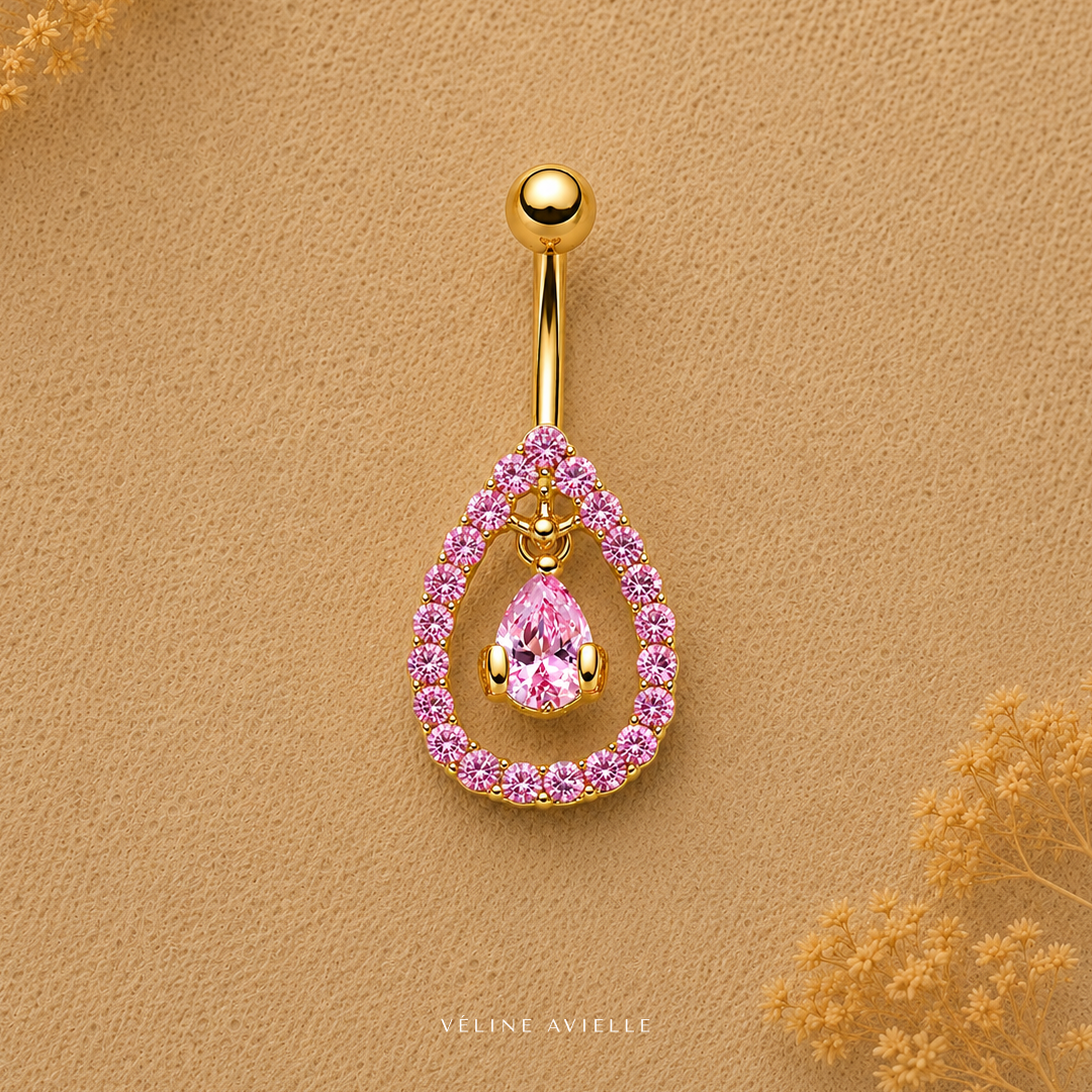 Pink Teardrop Halo Dangle Belly Ring