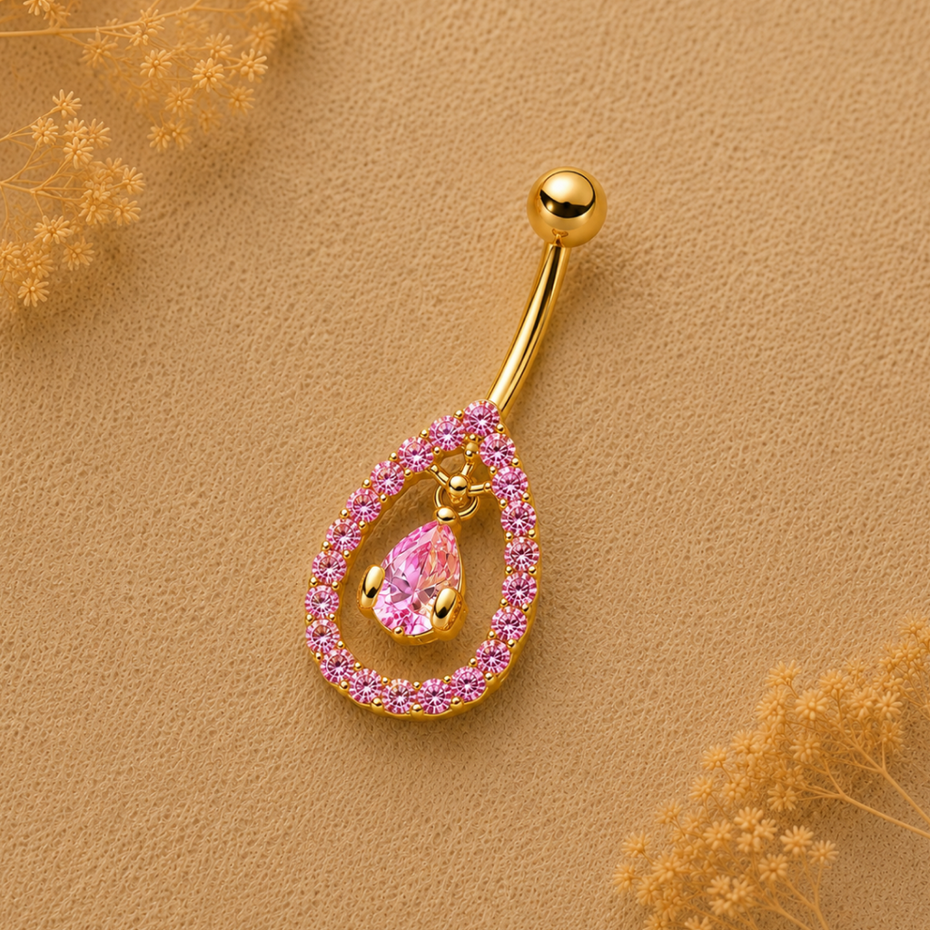 Pink Teardrop Halo Dangle Belly Ring