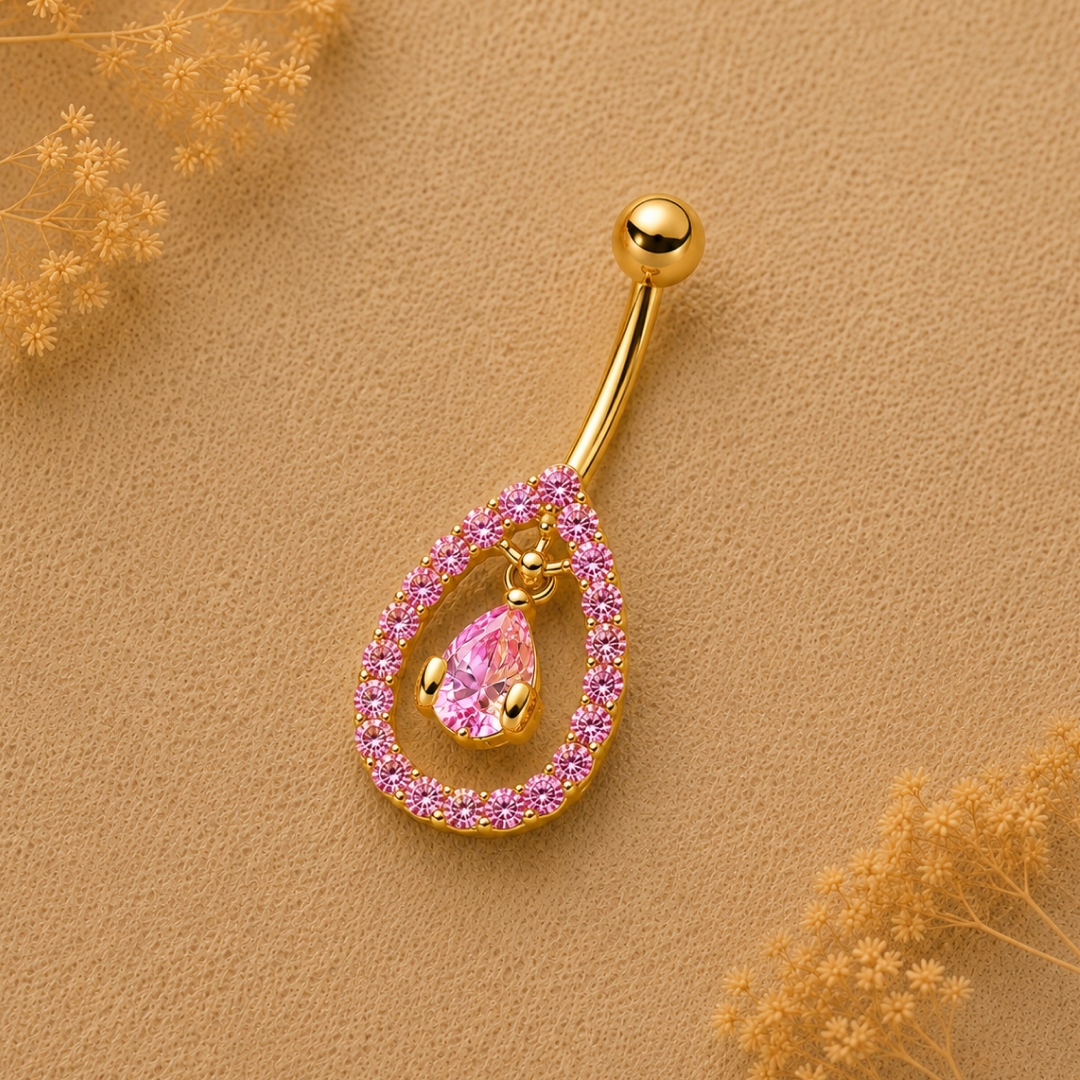 Pink Teardrop Halo Dangle Belly Ring