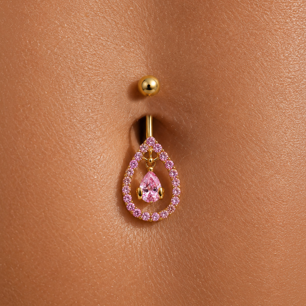 Pink Teardrop Halo Dangle Belly Ring