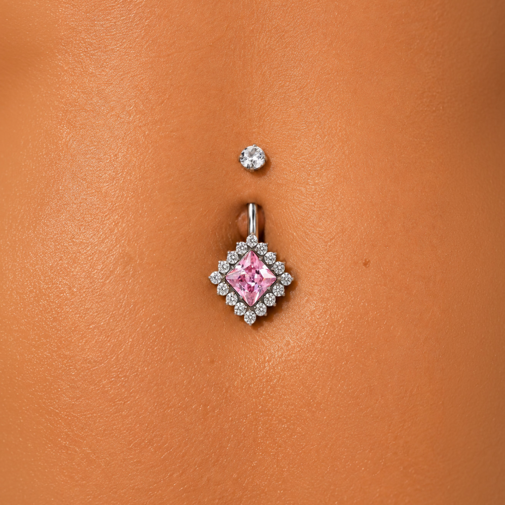 Pink Diamond Halo Belly Ring