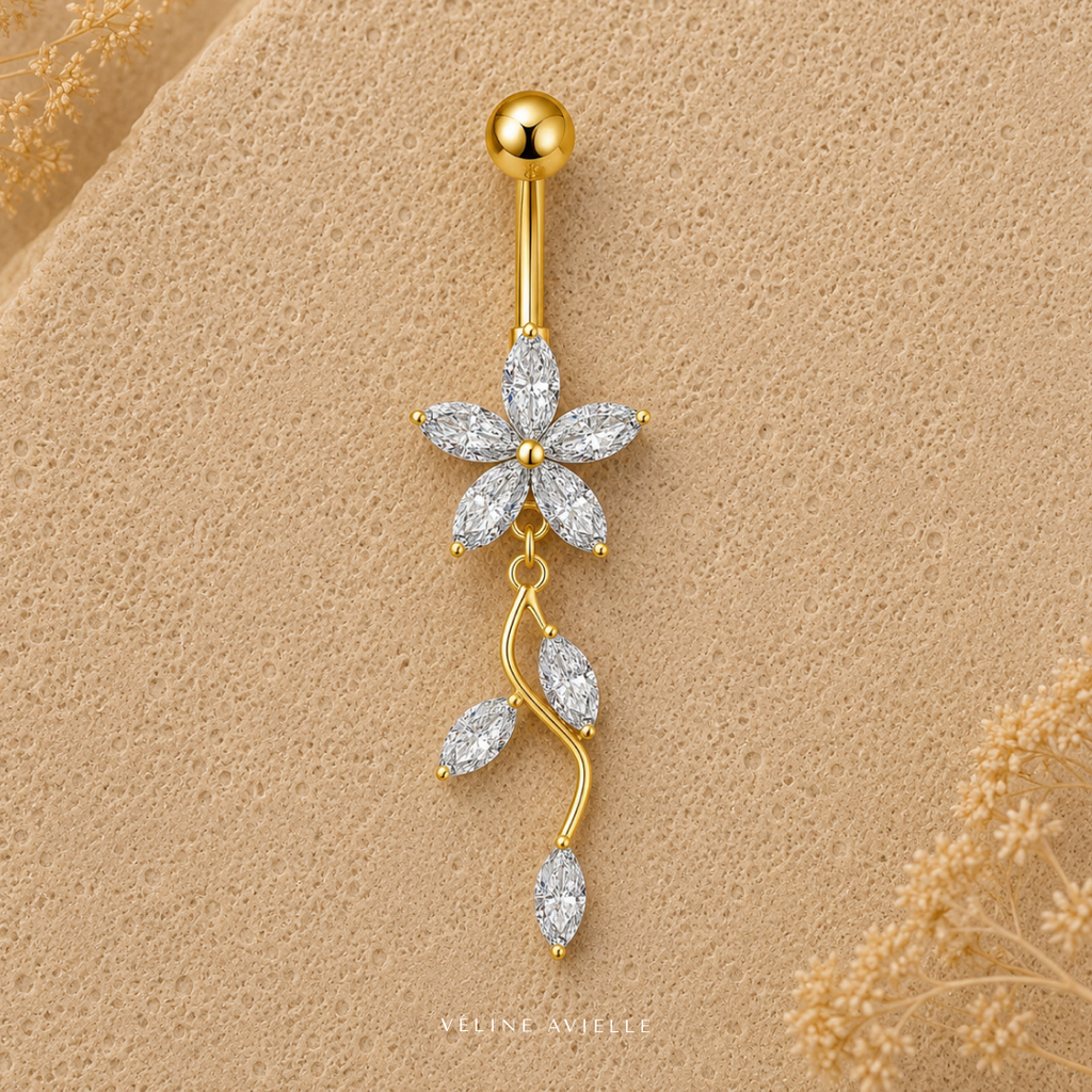 Golden Vine Blossom Dangle Belly Ring