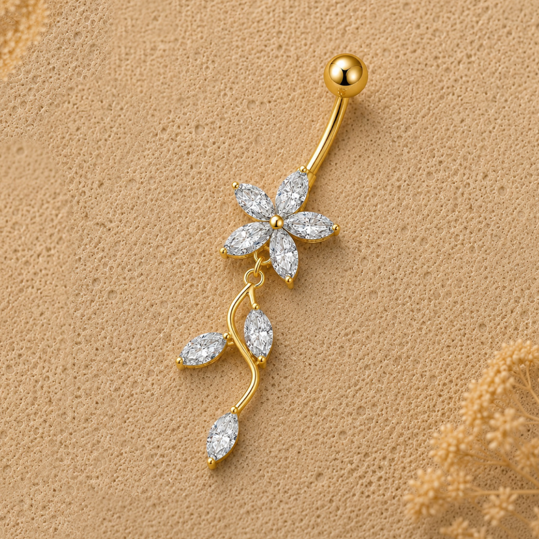 Golden Vine Blossom Dangle Belly Ring