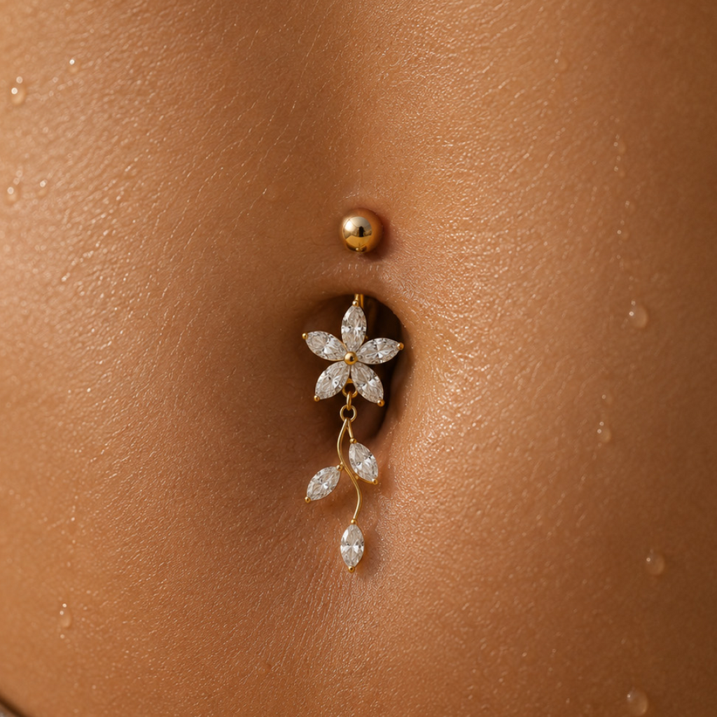 Golden Vine Blossom Dangle Belly Ring