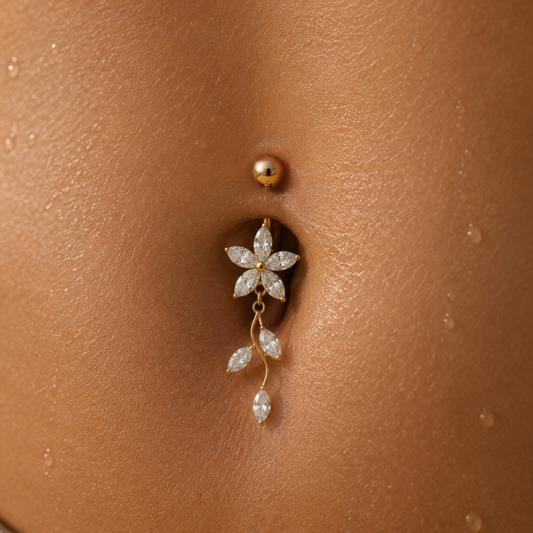 Golden Vine Blossom Dangle Belly Ring